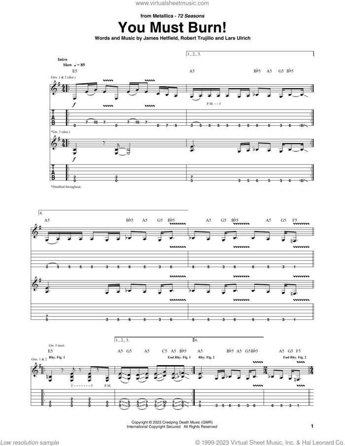 You Must Burn! sheet music for guitar (tablature) by Metallica, James Hetfield, Lars Ulrich and Robert Trujillo, intermediate skill level