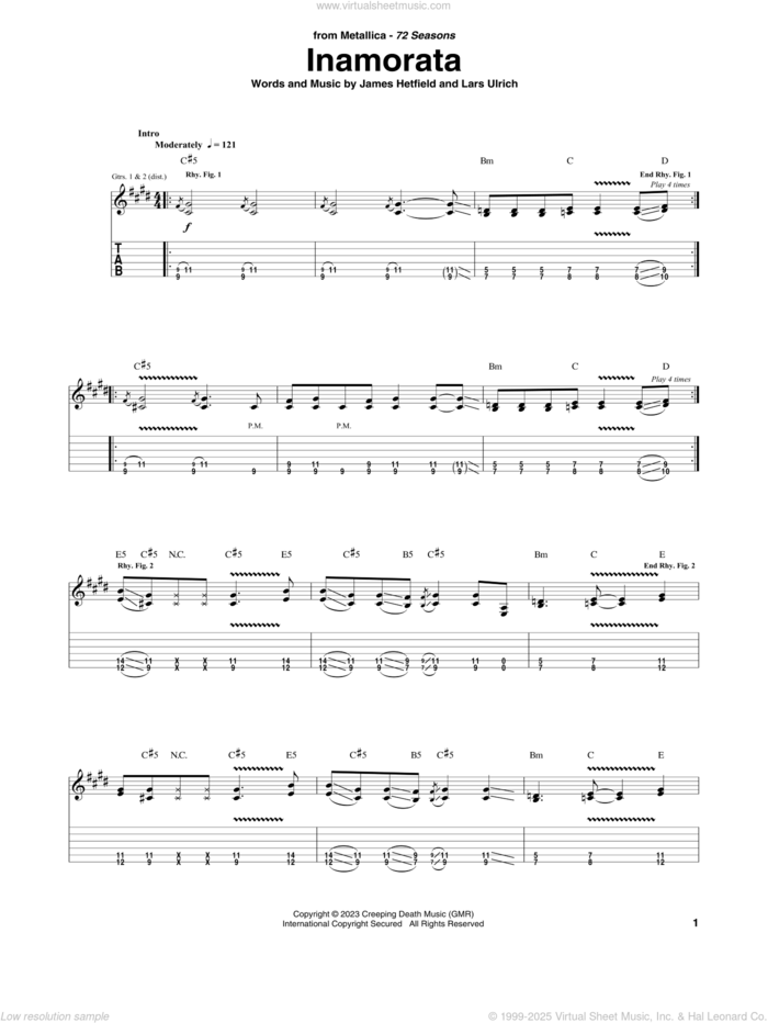 Inamorata sheet music for guitar (tablature) by Metallica, James Hetfield and Lars Ulrich, intermediate skill level