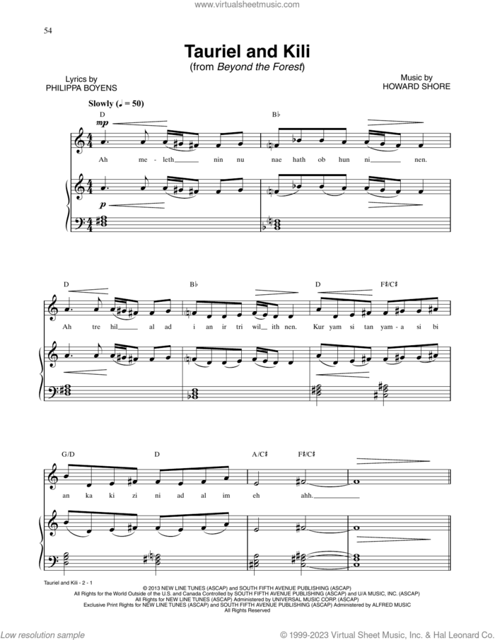 Tauriel And Kili (from The Hobbit: The Desolation of Smaug) sheet music for voice and piano by Howard Shore, intermediate skill level