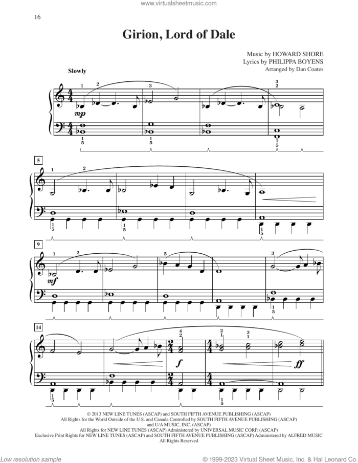 Girion, Lord Of Dale (from The Hobbit: The Desolation of Smaug) (arr. Dan Coates) sheet music for piano solo by Howard Shore and Philippa Boyens, easy skill level