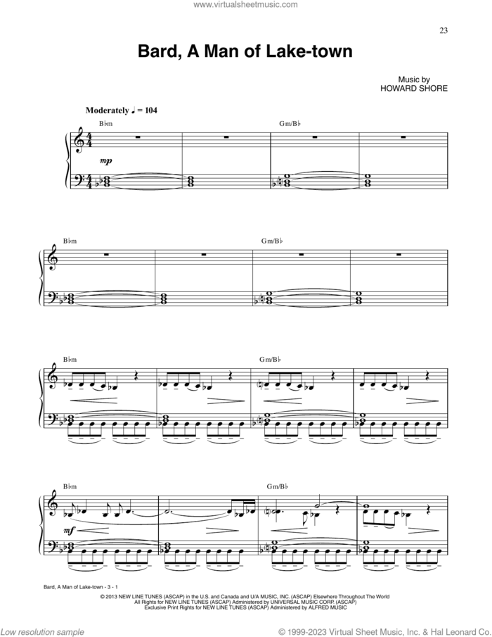 Bard, A Man Of Lake-Town (from The Hobbit: The Desolation of Smaug) sheet music for piano solo by Howard Shore, intermediate skill level