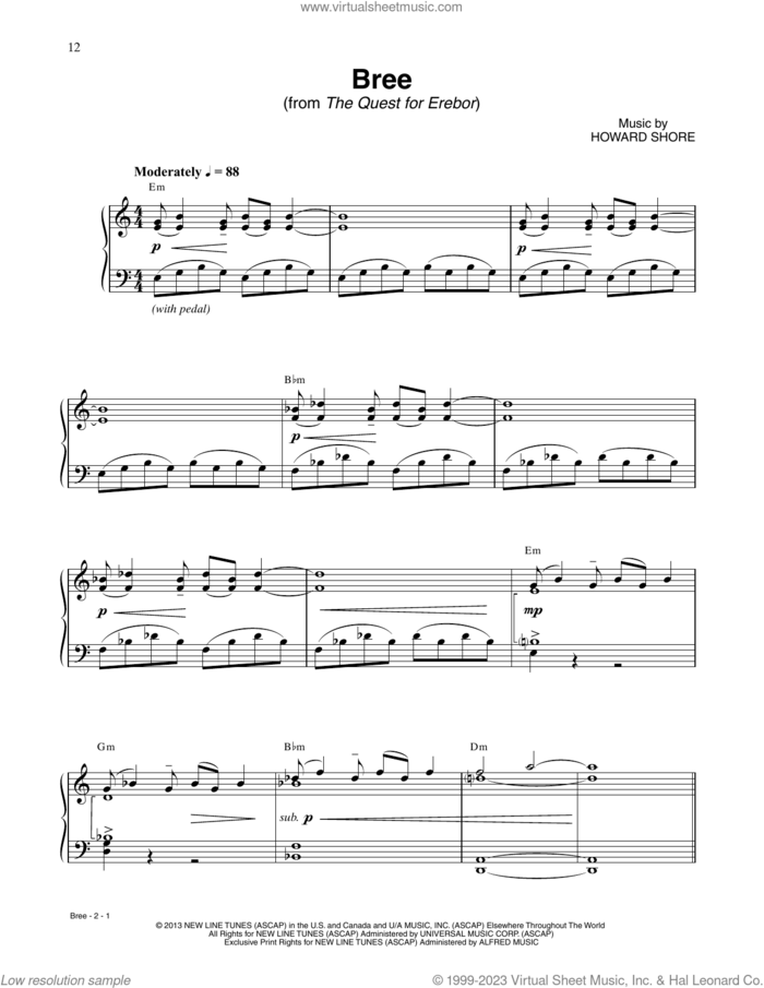 Bree (from The Hobbit: The Desolation of Smaug) sheet music for piano solo by Howard Shore, intermediate skill level