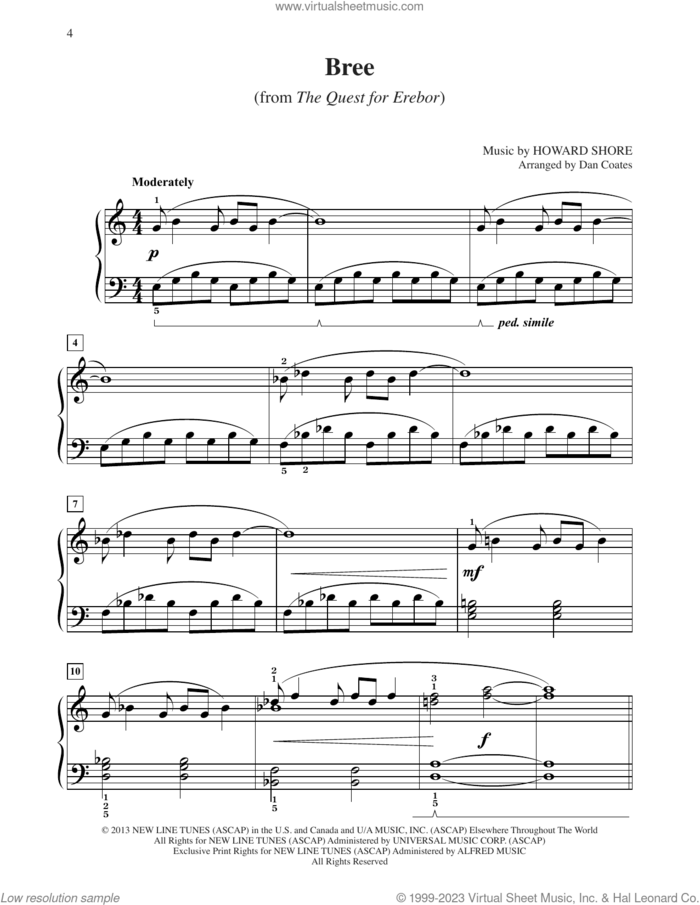 Bree (from The Hobbit: The Desolation of Smaug) (arr. Dan Coates) sheet music for piano solo by Howard Shore, easy skill level