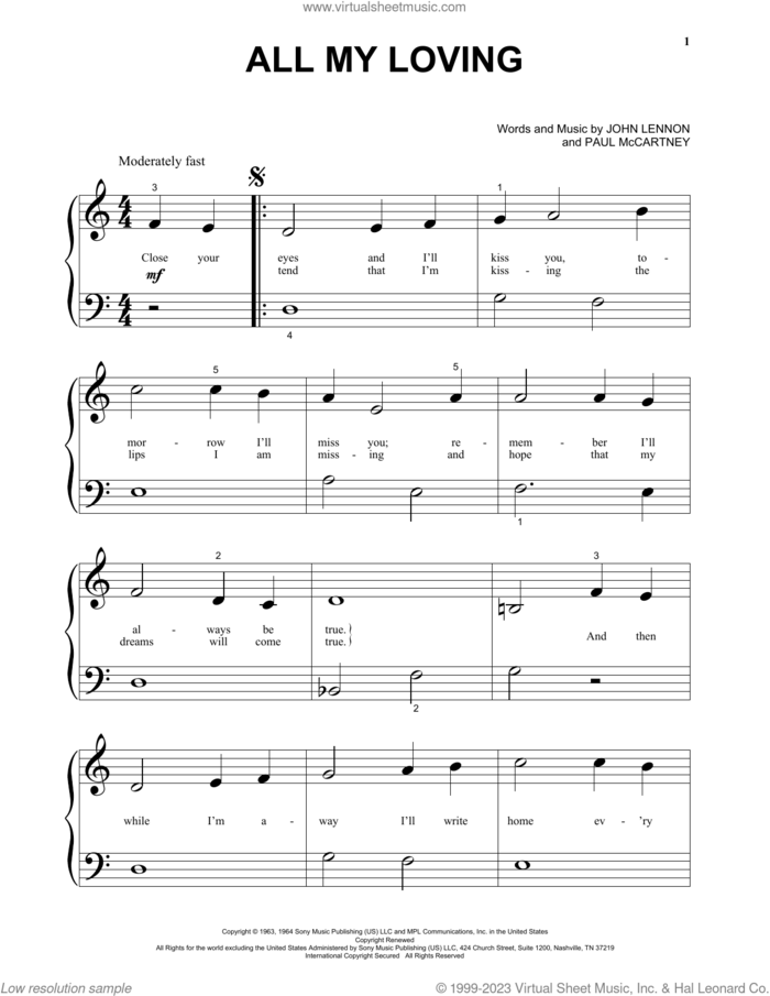 All My Loving, (beginner) sheet music for piano solo by The Beatles, John Lennon and Paul McCartney, beginner skill level