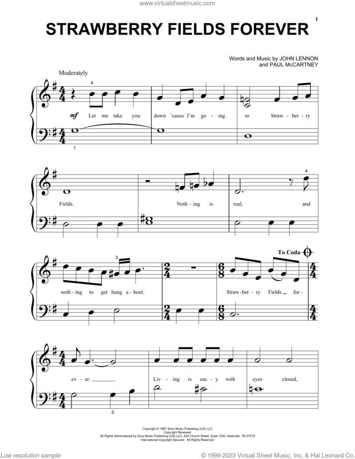 Strawberry Fields Forever sheet music for piano solo by The Beatles, John Lennon and Paul McCartney, beginner skill level