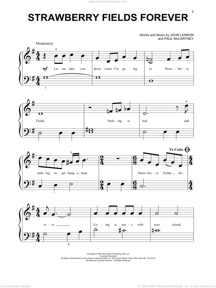 Strawberry Fields Forever sheet music for piano solo by The Beatles, John Lennon and Paul McCartney, beginner skill level