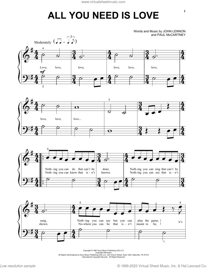 All You Need Is Love sheet music for piano solo by The Beatles, John Lennon and Paul McCartney, beginner skill level