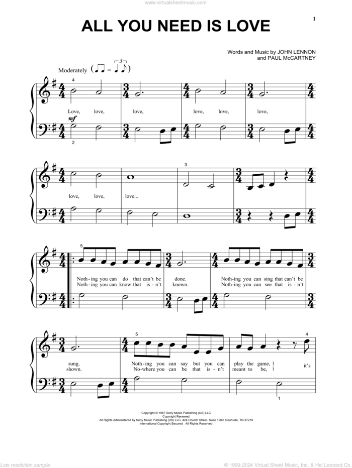 All You Need Is Love sheet music for piano solo by The Beatles, John Lennon and Paul McCartney, beginner skill level