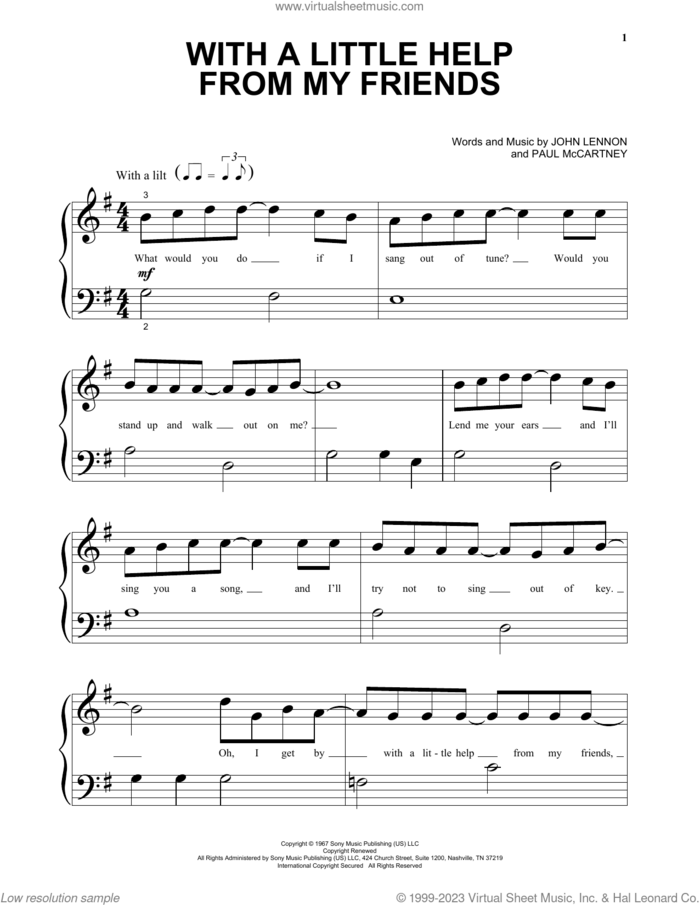 With A Little Help From My Friends sheet music for piano solo by The Beatles, John Lennon and Paul McCartney, beginner skill level