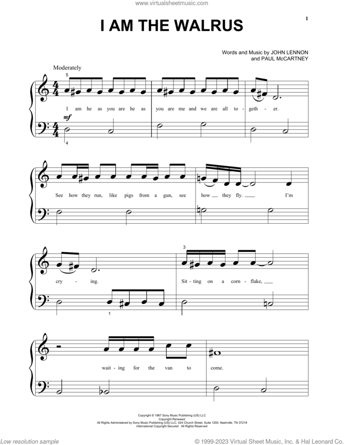 I Am The Walrus, (beginner) sheet music for piano solo by The Beatles, John Lennon and Paul McCartney, beginner skill level
