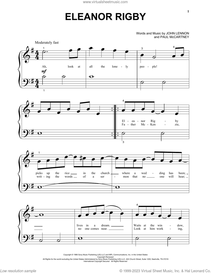 Eleanor Rigby, (beginner) sheet music for piano solo by The Beatles, John Lennon and Paul McCartney, beginner skill level