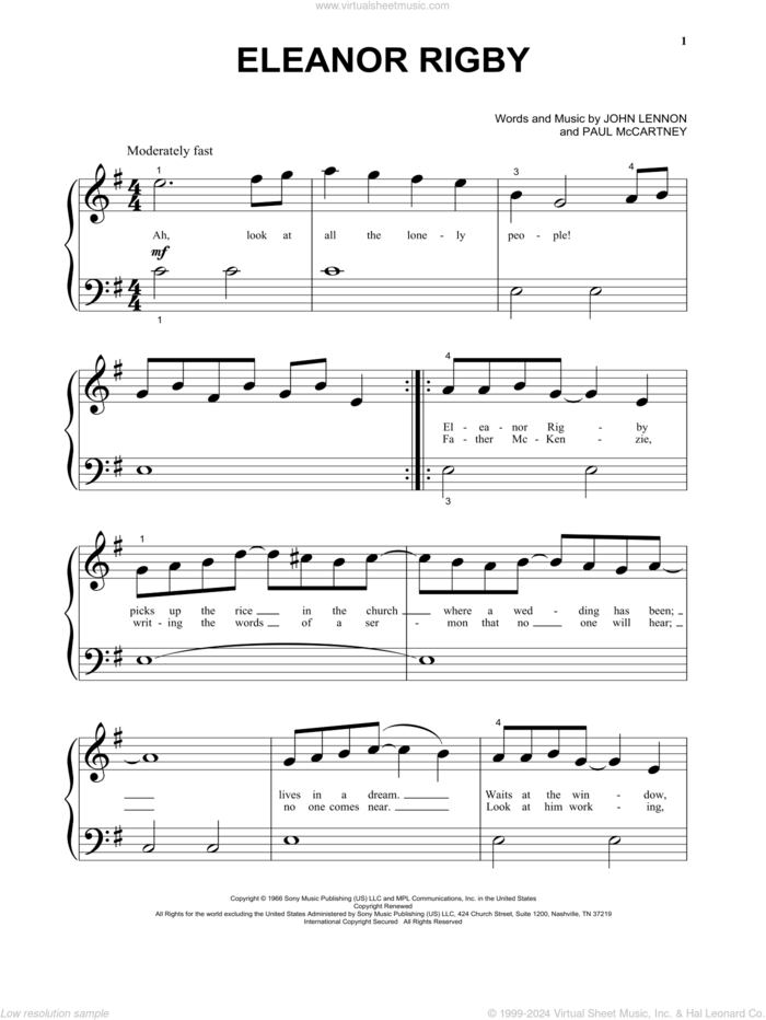 Eleanor Rigby, (beginner) sheet music for piano solo by The Beatles, John Lennon and Paul McCartney, beginner skill level