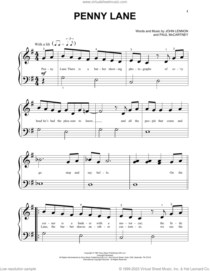Penny Lane, (beginner) sheet music for piano solo by The Beatles, John Lennon and Paul McCartney, beginner skill level