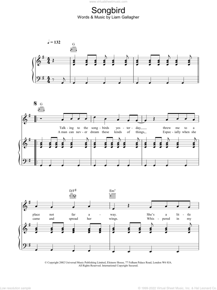 Songbird sheet music for voice, piano or guitar by Oasis and Liam Gallagher, intermediate skill level