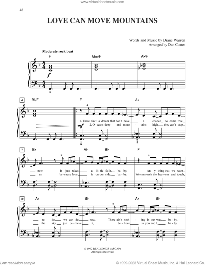 Love Can Move Mountains sheet music for piano solo by Celine Dion and Diane Warren, easy skill level