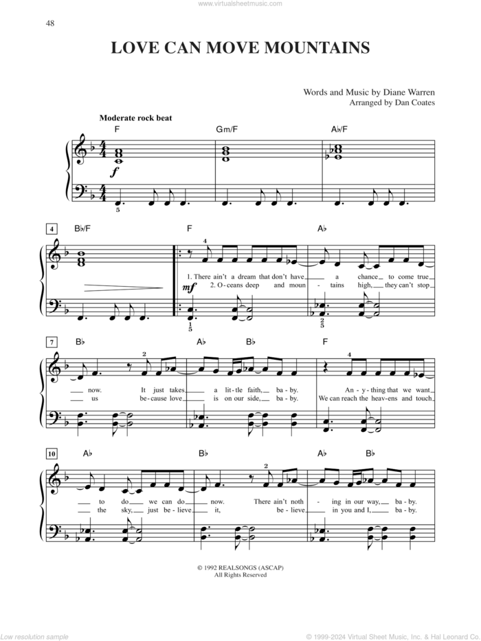 Love Can Move Mountains sheet music for piano solo by Celine Dion and Diane Warren, easy skill level