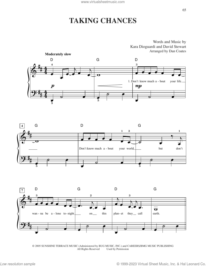 Taking Chances sheet music for piano solo by Celine Dion, Dave Stewart and Kara DioGuardi, easy skill level