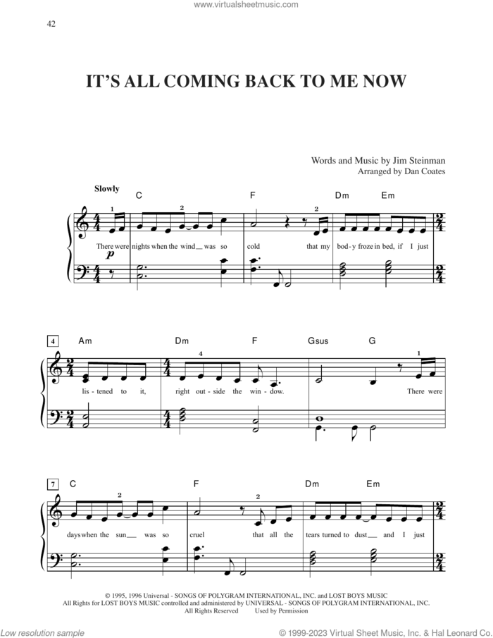 It's All Coming Back To Me Now sheet music for piano solo by Celine Dion and Jim Steinman, easy skill level