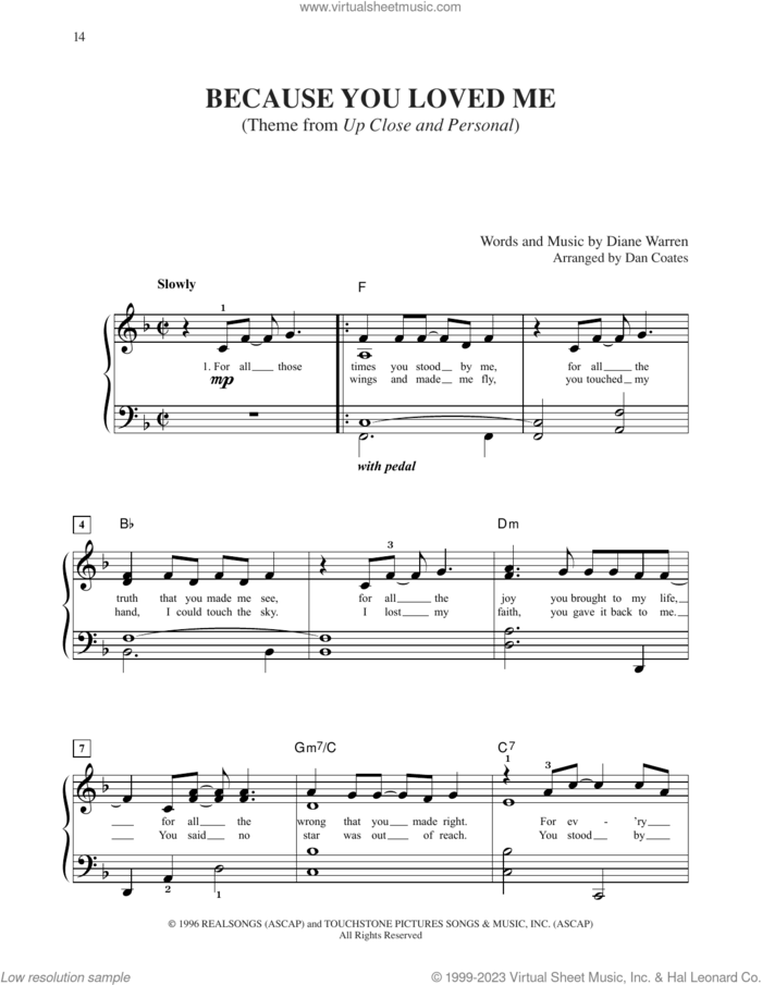 Because You Loved Me, (easy) sheet music for piano solo by Celine Dion and Diane Warren, wedding score, easy skill level