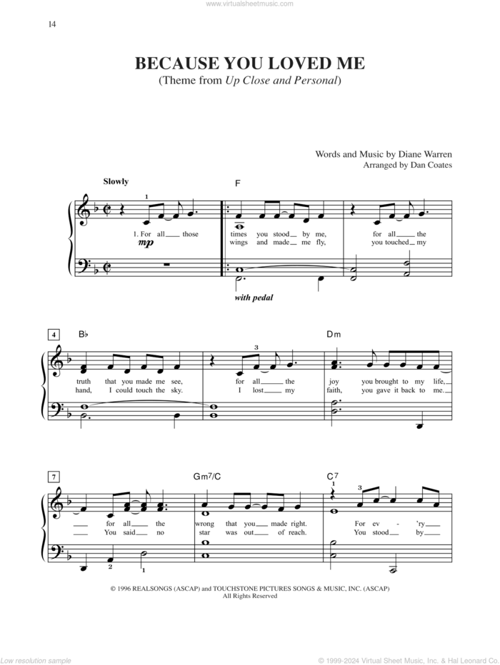 Because You Loved Me sheet music for piano solo by Celine Dion and Diane Warren, wedding score, easy skill level