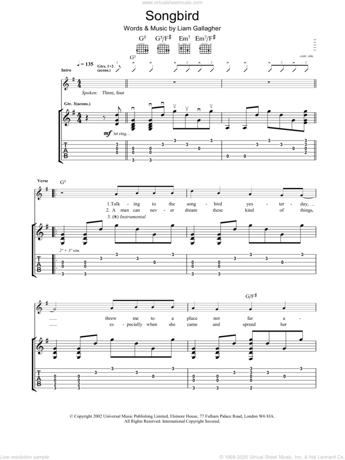 Songbird sheet music for guitar (tablature) by Oasis, intermediate skill level