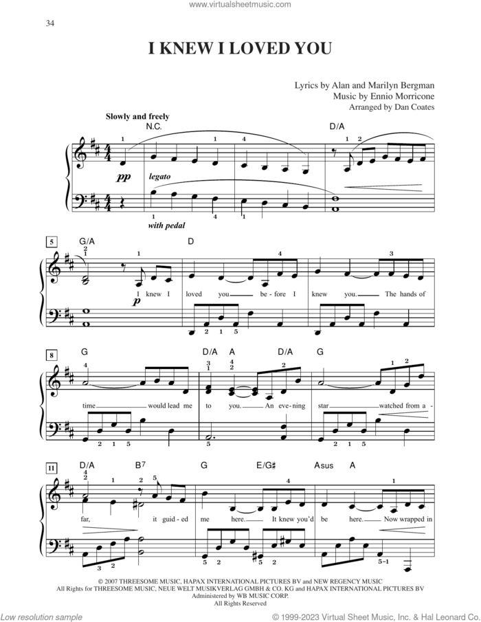 I Knew I Loved You (L'Alba Del Mondo) sheet music for piano solo by Celine Dion, Alan Bergman, Ennio Morricone and Marilyn Bergman, easy skill level
