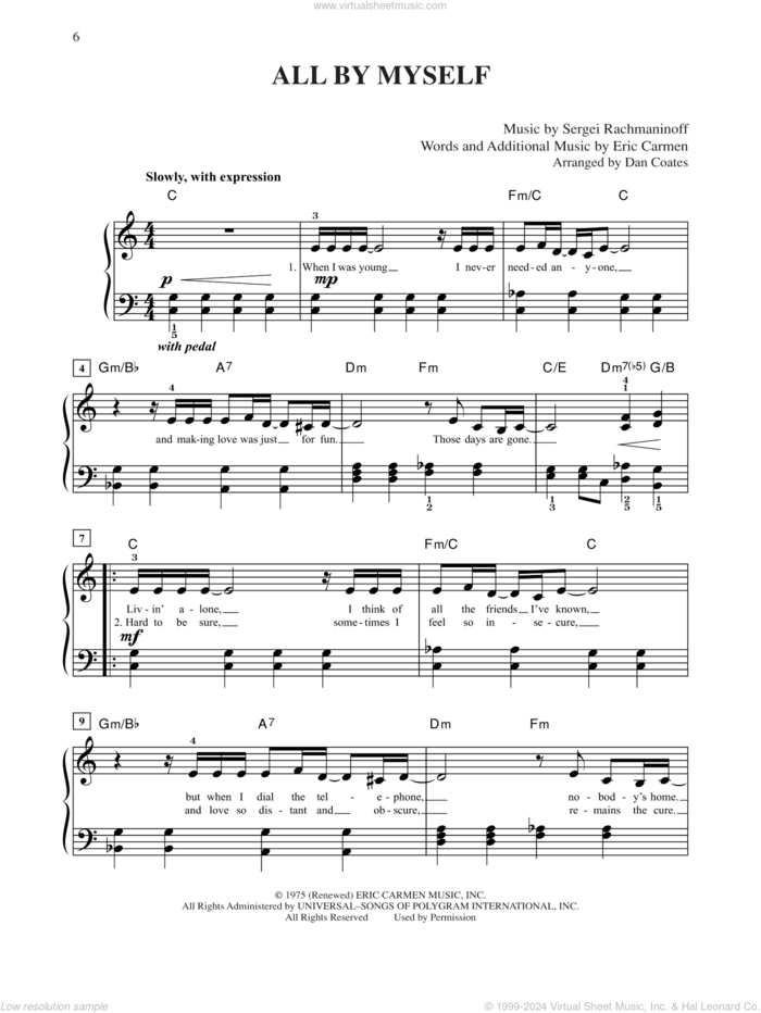 All By Myself, (easy) sheet music for piano solo by Celine Dion, Eric Carmen and Serjeij Rachmaninoff, easy skill level