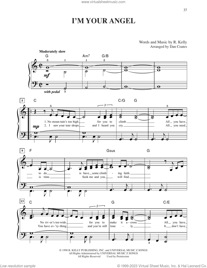 I'm Your Angel sheet music for piano solo by Celine Dion and Robert Kelly, easy skill level