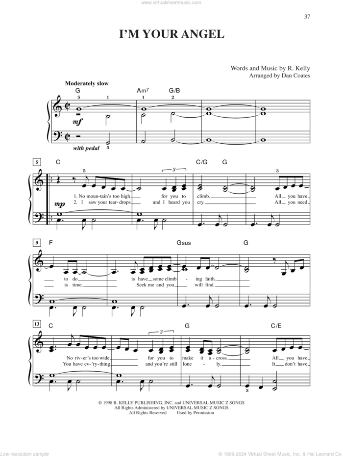 I'm Your Angel sheet music for piano solo by Celine Dion and Robert Kelly, easy skill level