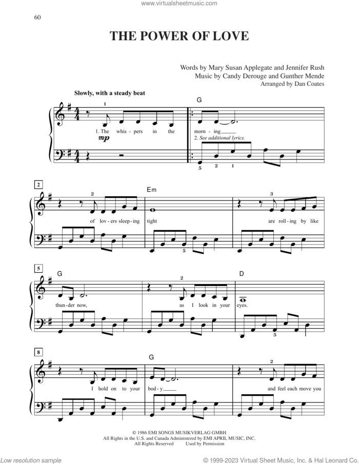 The Power Of Love, (easy) sheet music for piano solo by Celine Dion, Candy Derouge, Gunther Mende, Jennifer Rush and Mary Susan Applegate, easy skill level