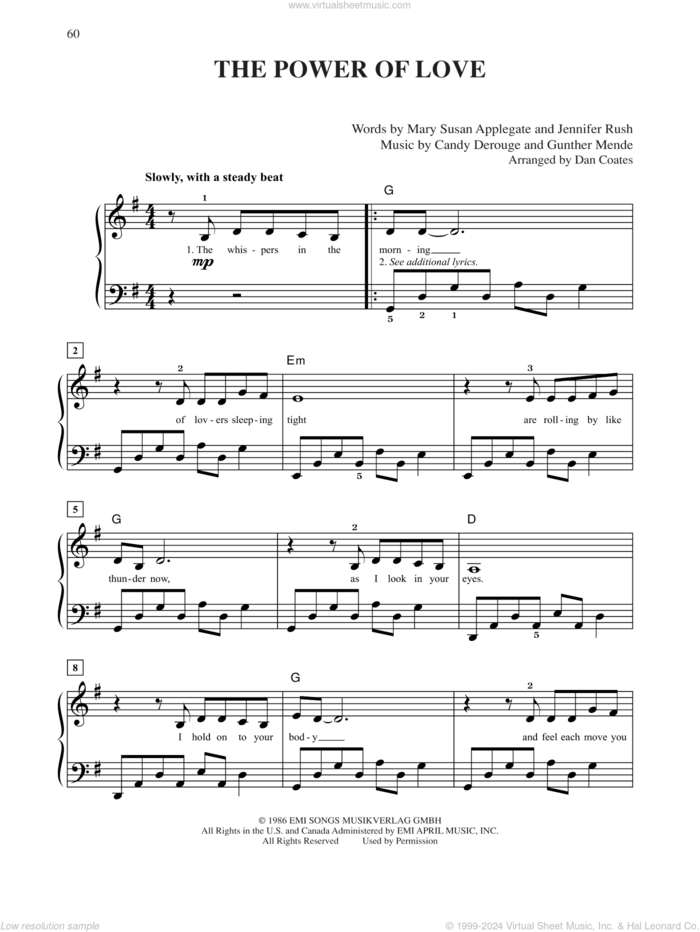 The Power Of Love, (easy) sheet music for piano solo by Celine Dion, Candy Derouge, Gunther Mende, Jennifer Rush and Mary Susan Applegate, easy skill level