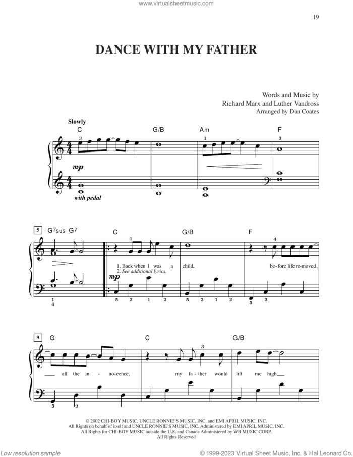 Dance With My Father sheet music for piano solo by Celine Dion, Luther Vandross and Richard Marx, easy skill level