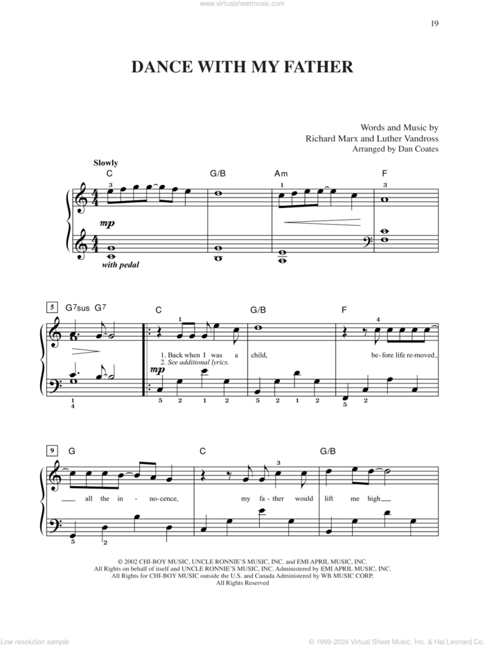 Dance With My Father sheet music for piano solo by Celine Dion, Luther Vandross and Richard Marx, easy skill level