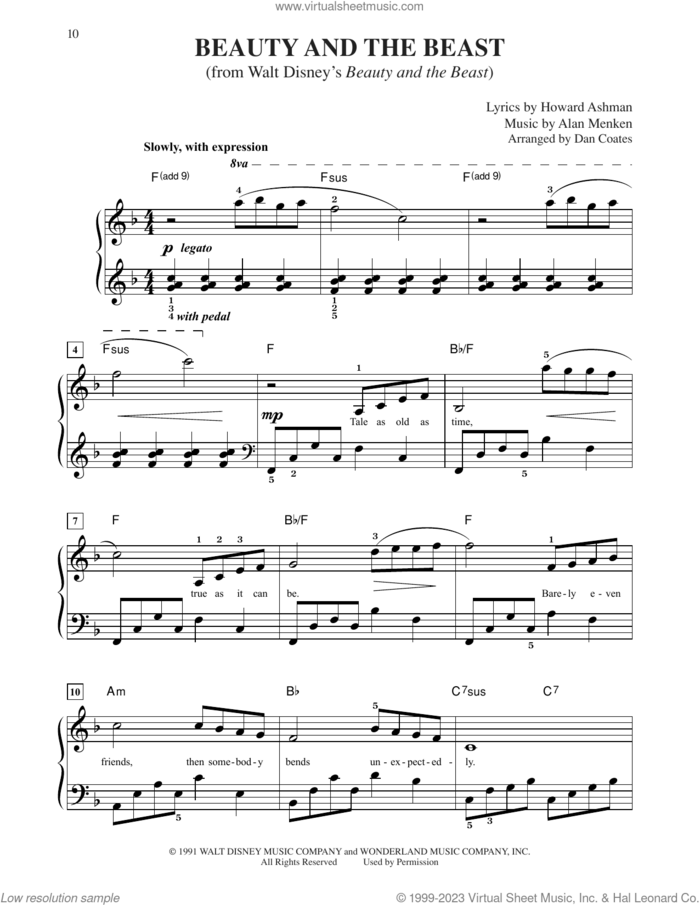 Beauty And The Beast sheet music for piano solo by Celine Dion & Peabo Bryson, Alan Menken and Howard Ashman, easy skill level