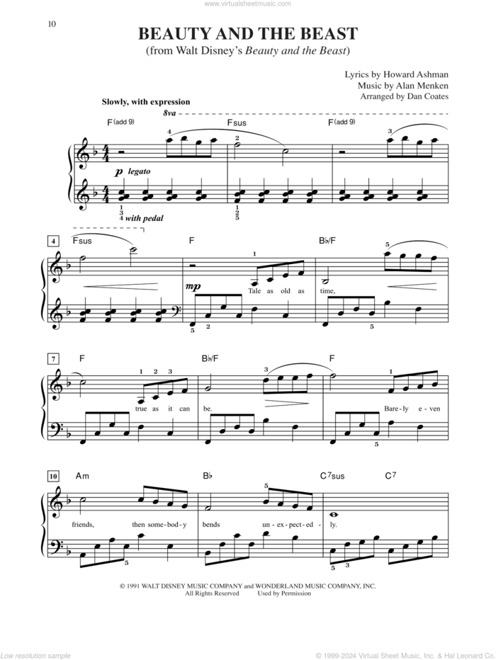 Beauty And The Beast, (easy) sheet music for piano solo by Celine Dion & Peabo Bryson, Alan Menken and Howard Ashman, wedding score, easy skill level