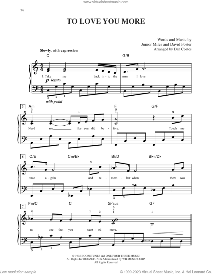 To Love You More sheet music for piano solo by Celine Dion, David Foster and Junior Miles, wedding score, easy skill level