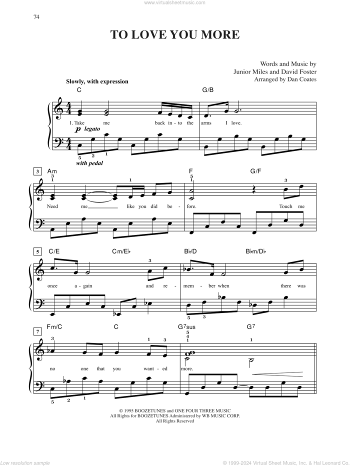 To Love You More sheet music for piano solo by Celine Dion, David Foster and Junior Miles, wedding score, easy skill level