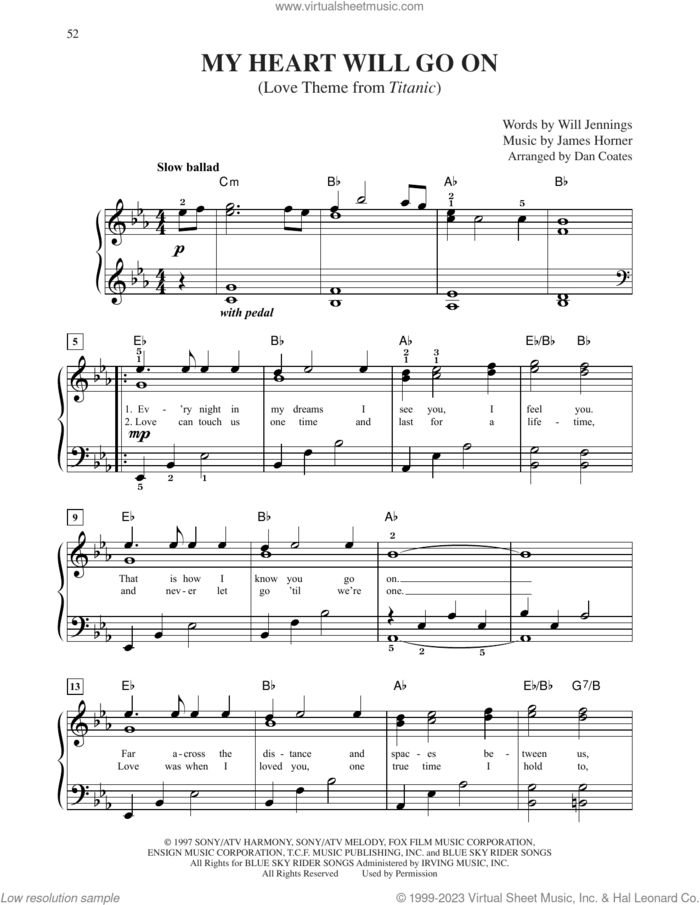 My Heart Will Go On (Love Theme from Titanic) sheet music for piano solo by Celine Dion, James Horner and Will Jennings, easy skill level