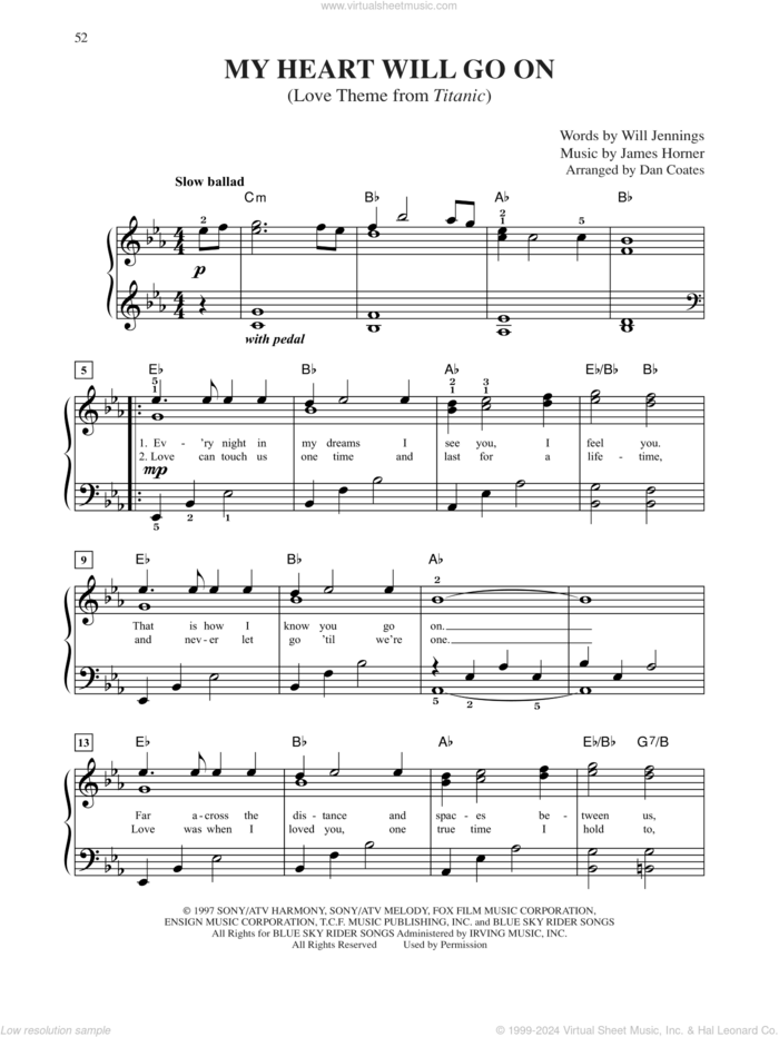 My Heart Will Go On (Love Theme from Titanic), (easy) (Love Theme from Titanic) sheet music for piano solo by Celine Dion, James Horner and Will Jennings, easy skill level