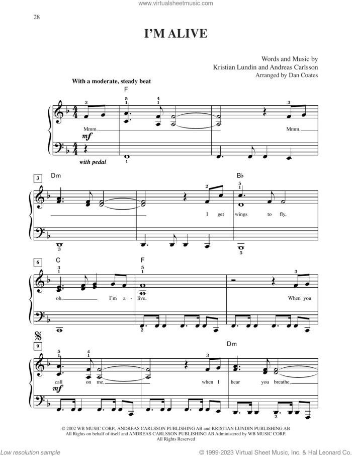 I'm Alive sheet music for piano solo by Celine Dion, Andreas Carlsson and Kristian Lundin, easy skill level