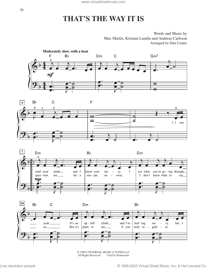 That's The Way It Is sheet music for piano solo by Celine Dion, Andreas Carlsson, Kristian Lundin and Martin Sandberg, easy skill level