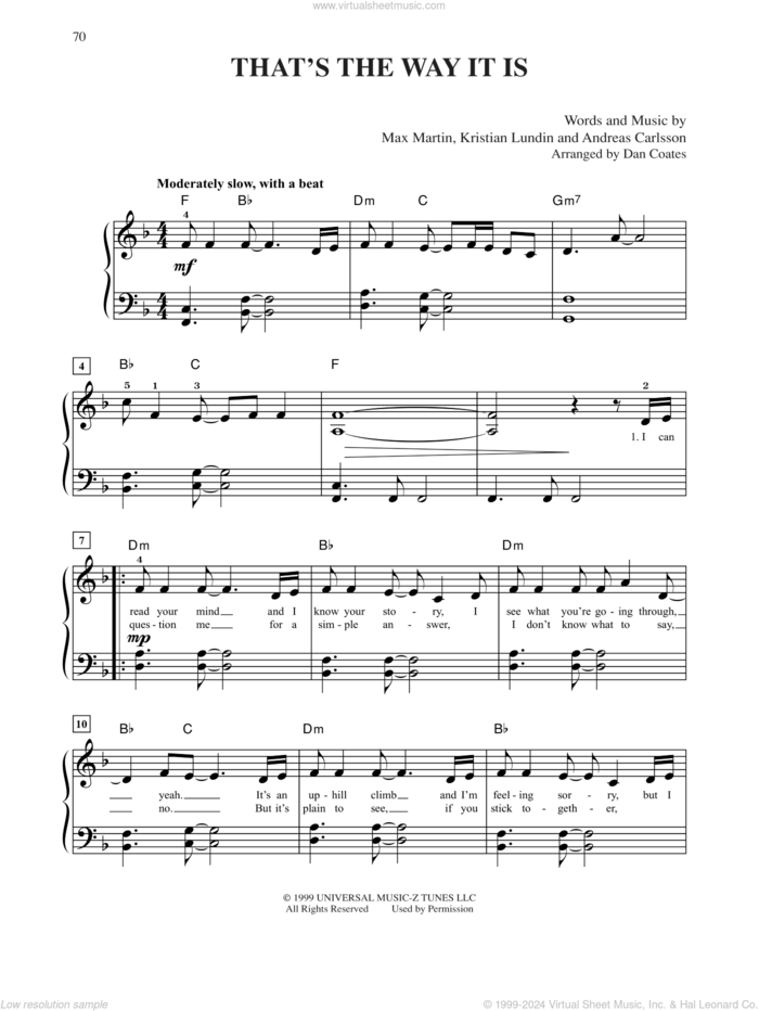 That's The Way It Is sheet music for piano solo by Celine Dion, Andreas Carlsson, Kristian Lundin and Martin Sandberg, easy skill level