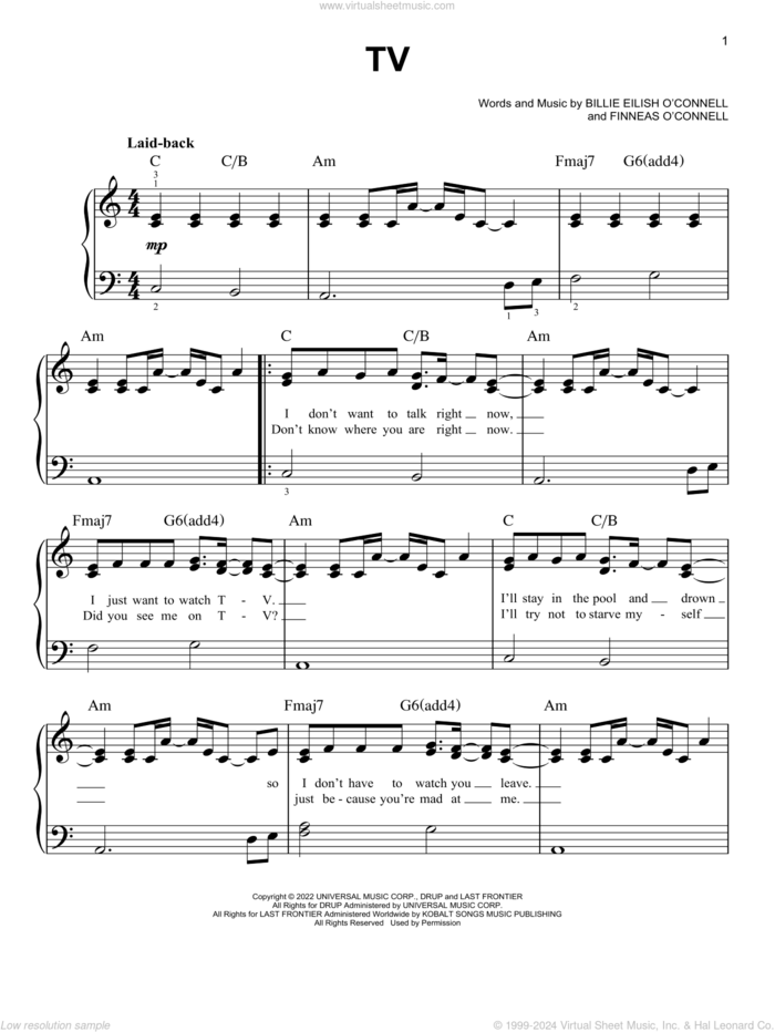 TV sheet music for piano solo by Billie Eilish, easy skill level