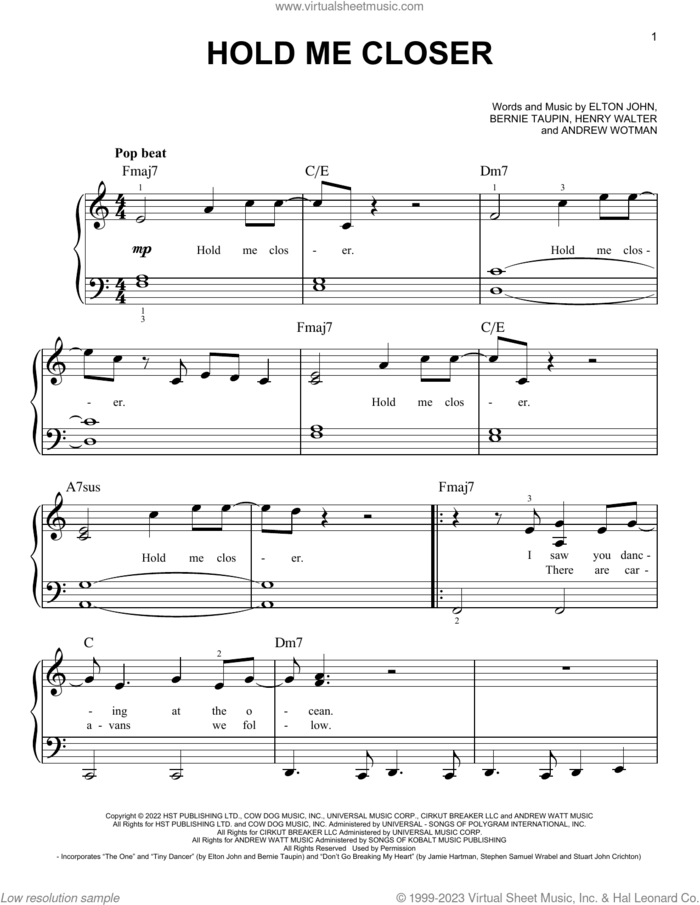 Hold Me Closer sheet music for piano solo by Elton John & Britney Spears, Andrew Watt (Wotman), Bernie Taupin, Elton John and Henry Walter, easy skill level