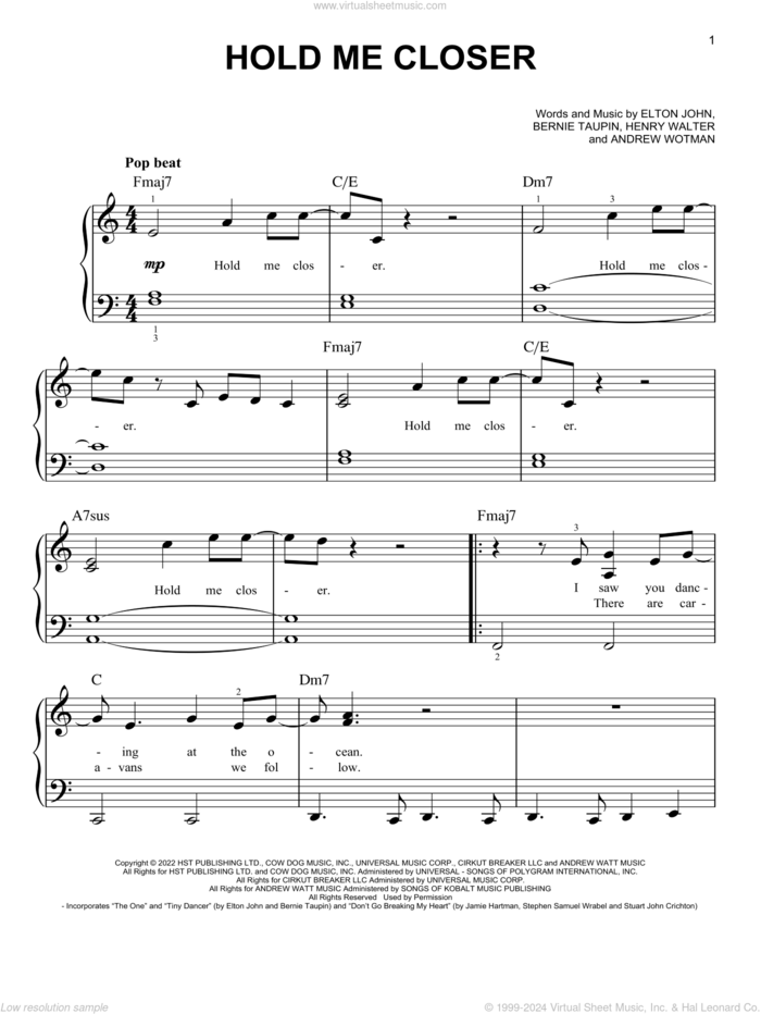 Hold Me Closer sheet music for piano solo by Elton John & Britney Spears, Andrew Watt (Wotman), Bernie Taupin, Elton John and Henry Walter, easy skill level