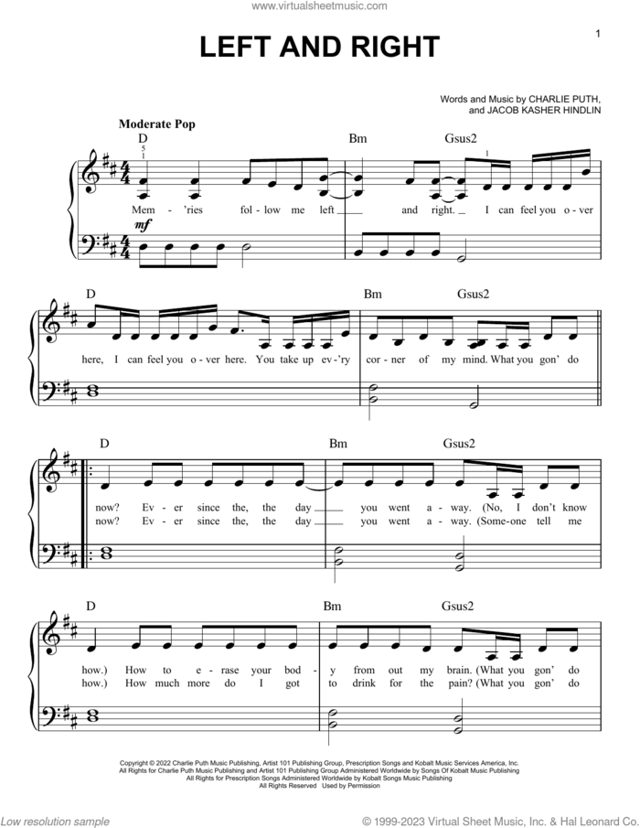 Left And Right (feat. Jung Kook of BTS) sheet music for piano solo by Charlie Puth and Jacob Kasher Hindlin, easy skill level