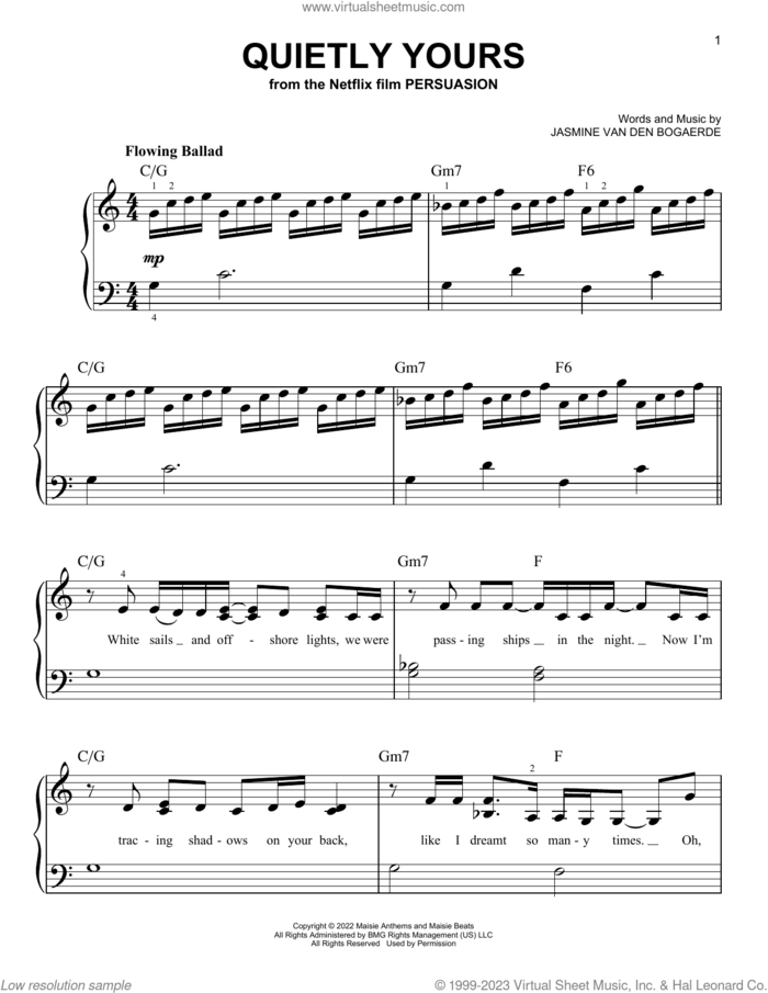 Quietly Yours (from Persuasion) sheet music for piano solo by Birdy and Jasmine Van den Bogaerde, easy skill level
