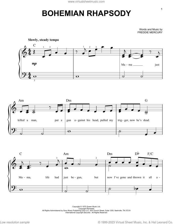 Bohemian Rhapsody, (beginner) sheet music for piano solo by Queen and Freddie Mercury, beginner skill level