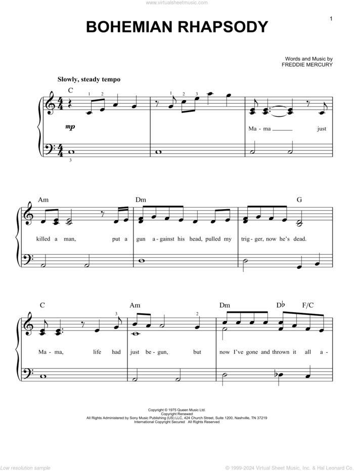 Bohemian Rhapsody, (beginner) sheet music for piano solo by Queen and Freddie Mercury, beginner skill level