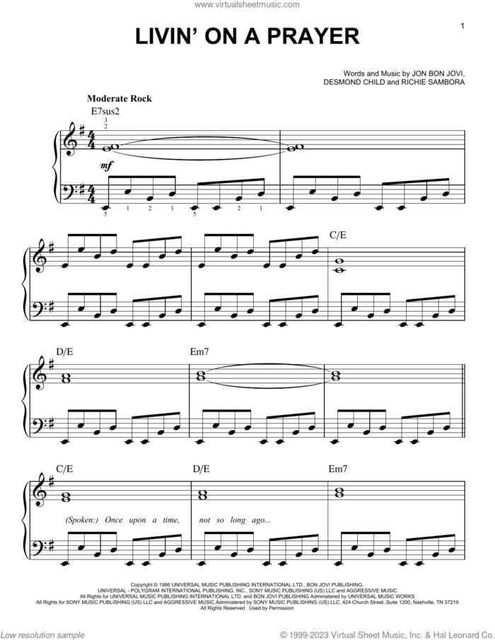 Livin' On A Prayer sheet music for piano solo by Bon Jovi, Desmond Child and Richie Sambora, beginner skill level